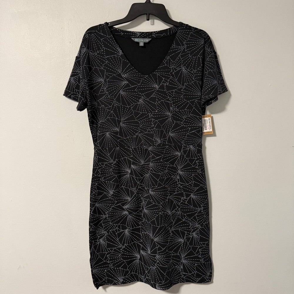 Title‎ Nine Deep Pockets Dress SS Fresh Terry Sashiko Print Black Small NWT